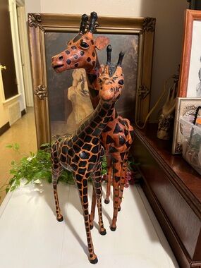 Giraffes Leather Wrapped Vintage Hand Painted & Glass Eyes (2) Set